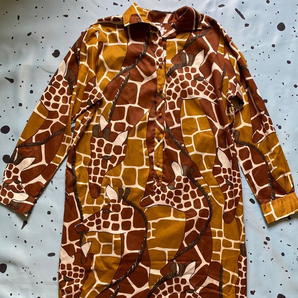 Vintage Brown Giraffe Print Shirt Dress L